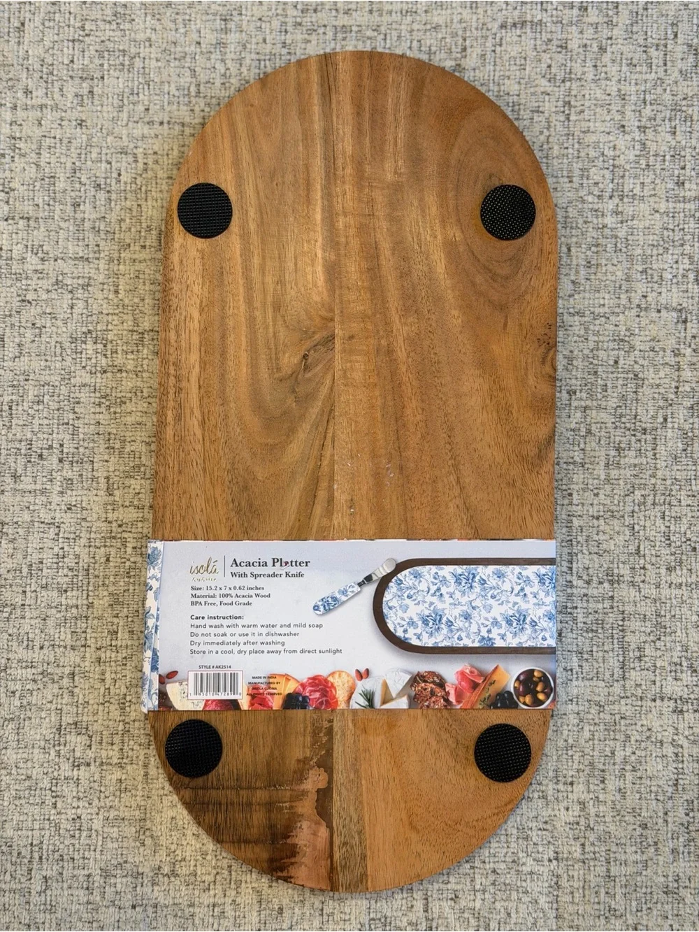 Isola Cucina Acacia Wood Platter Serving Board w/ Spreader Knife Blue Floral